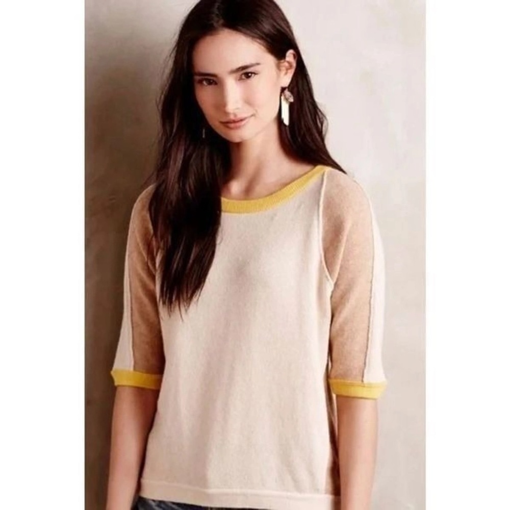 Anthropologie field flower short sleeve sweater beige tan yellow medium zip back